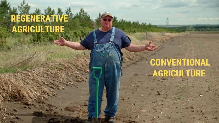 Common Ground Movie: A farmer stands in between lush farmland with the words "regenerative agriculture" above