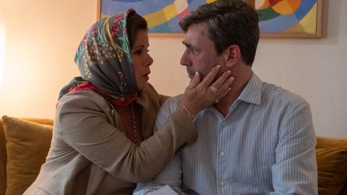 Confess Fletch Movie: Marcia Gay Harden and Jon Hamm