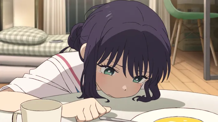 Cosmic Princess Kaguya movie: Japanese anime teen girl with black hair has chin on table staring forlornly at breakfast plate of food
