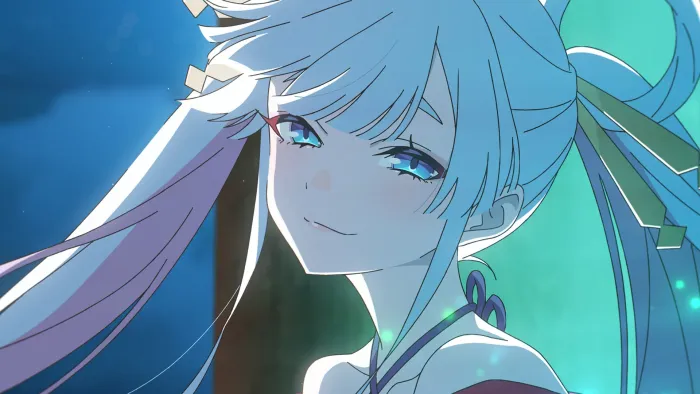 Cosmic Princess Kaguya movie: With blue highlights and tone, an anime princess and her hair sparkle in blue light