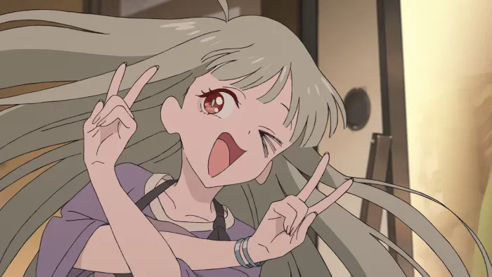 Cosmic Princess Kaguya movie: Japanese teen girl with blond hair crosses arms and puts up two fingers on each hand ("peace sign") while smiling