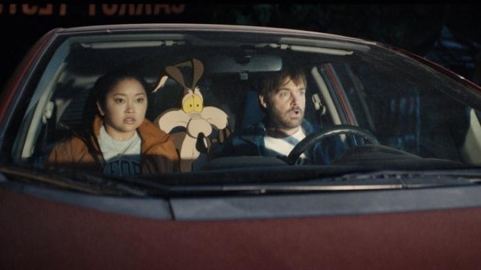 Coyote vs. Acme Movie: Paige, Kevin, and Wile E. Coyote sit in a car at night