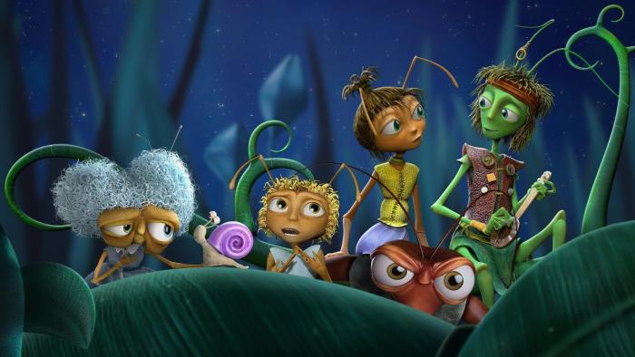 Cricket & Antoinette: Colorful animated bugs hide behind a leaf in the dark, some have worried expressions