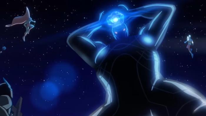 Justice League: Crisis Part 2: A giant creature in dark shadows looms over superheroes in position to strike
