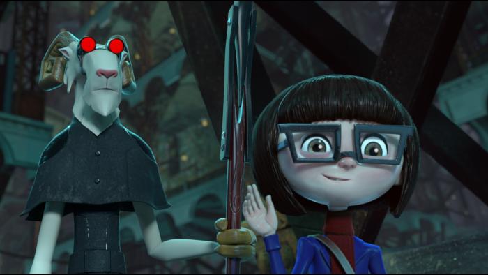 animated female character stands in a dark room with a goat wearing aviator glasses behind her
