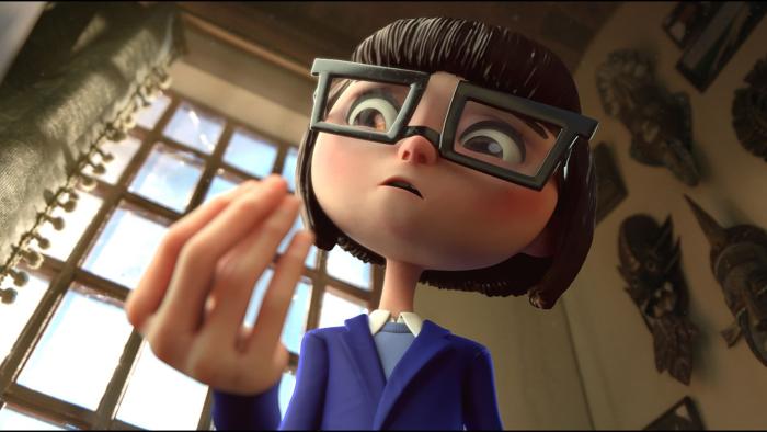  Dalia and the Red Book movie: Animated female character wearing glasses looks at something in her hand.