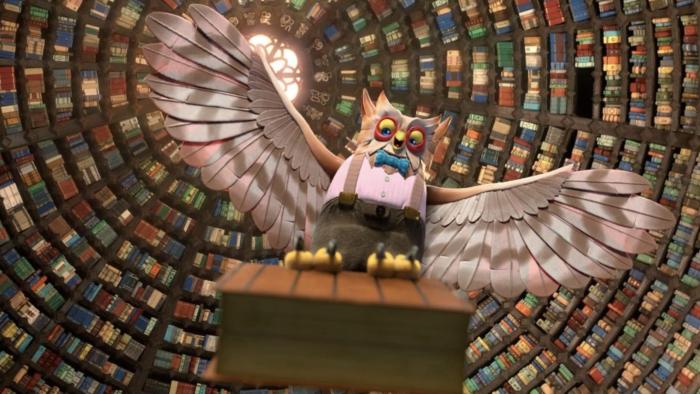  Dalia and the Red Book movie: Animated owl character stands with wings out, surrounded by books