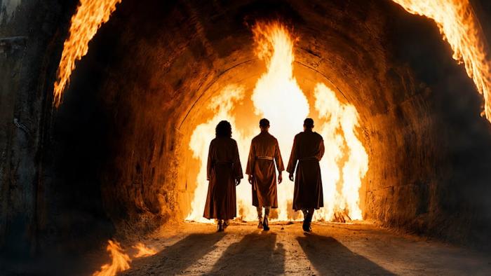 Daniel and the Fiery Furnace movie: Three shadowy figures enter the fiery furnace
