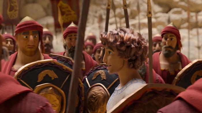 David movie: A grown-up David walks through a crowd of soldiers