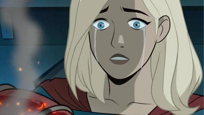 Justice League: Crisis Part 2:  animated image of Super Girl crying