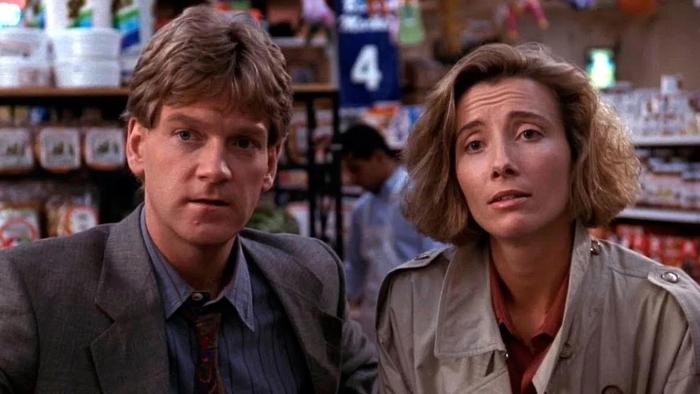 Dead Again: Kenneth Branagh and Emma Thompson stand together in a grocery store