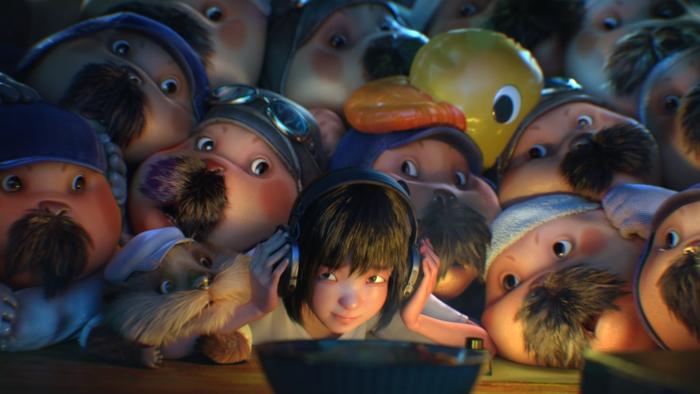Deep Sea Movie: A smiling Chinese girl wearing headphones is surrounded by mustachioed otters