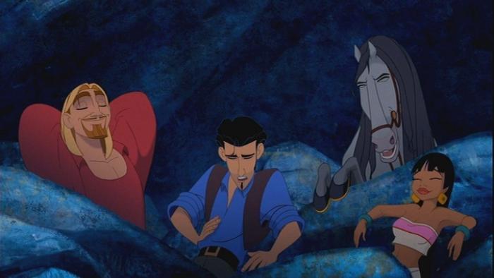 The Road to El Dorado Movie: Blond and black-haired White men and Indigenous woman lounge among boulders next to a gray horse
