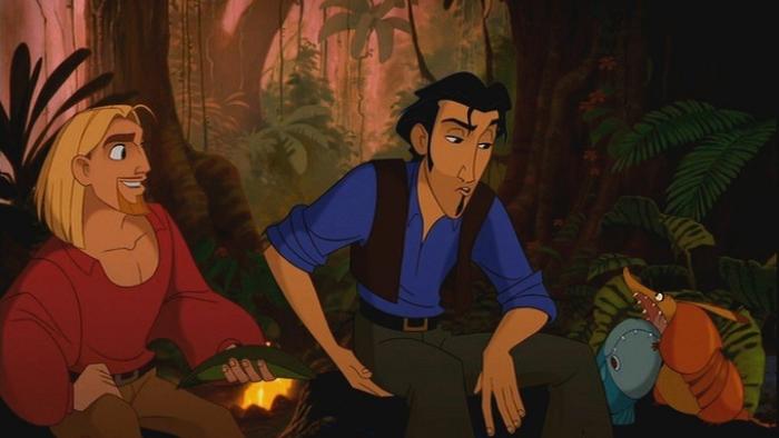 The Road to El Dorado Movie: Two White men sit in a forest