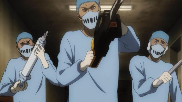 Dragon Heart: Adventures Beyond This World movie: Three angry people in surgical gear carry large needles and a chain saw