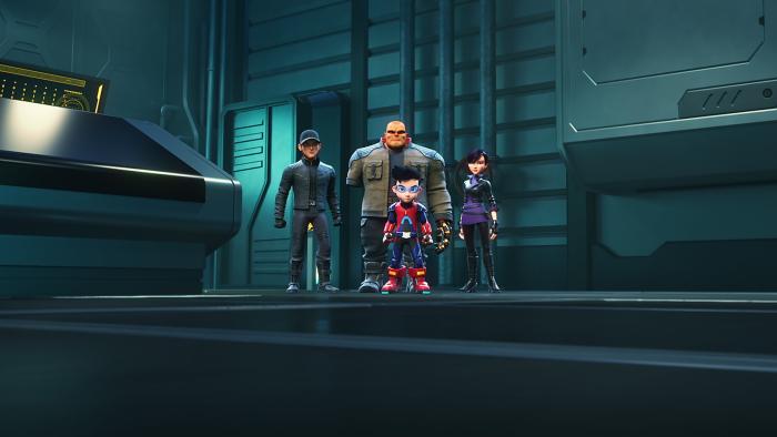 Ejen Ali: The Movie 2: Animated characters stand in a dark room
