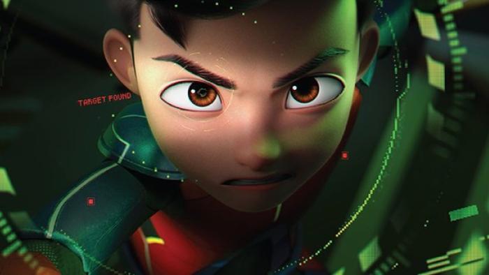 Ejen Ali: The Movie 2: An animated boy stands in the middle of a supersuit with an intense look on his face