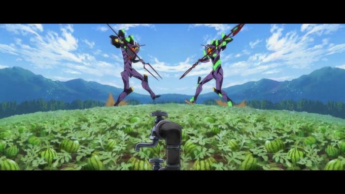 Evangelion: 3.0+1.01: Two Evangelion mecha robots fight in a field