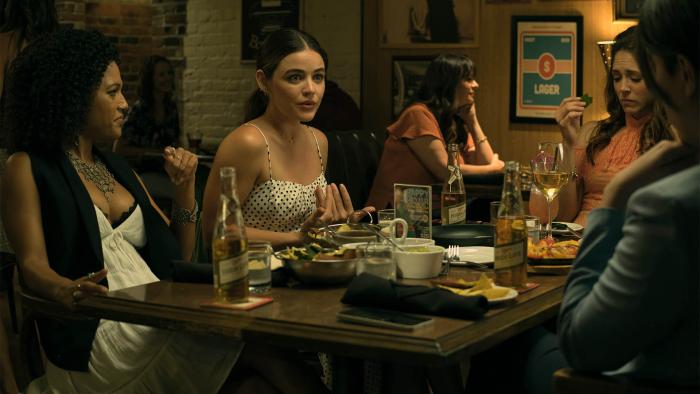 F Marry Kill movie: At a restaurant, Lucy Hale sits at a table with Bethany Brown and Brooke Kevin