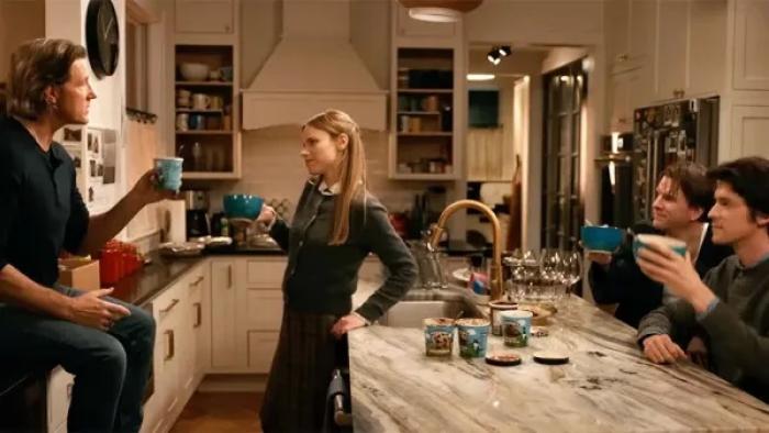 The Family McMullen movie: Edward Burns talks to his adult daughter, adult son, and younger brother in his kitchen