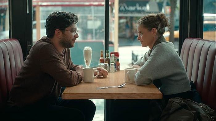 Fantasy Life movie: Matthew Shear and Amanda Peet sit across from each other at a diner