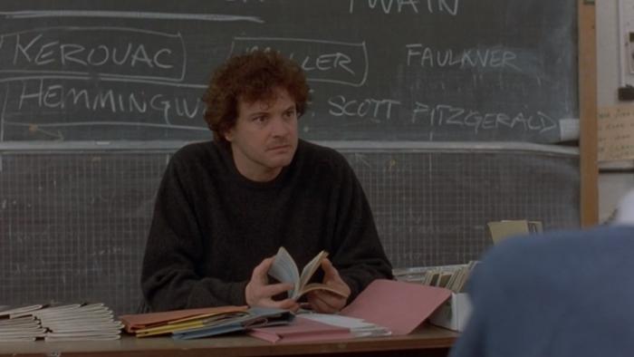 Fever Pitch: Colin Firth sits in front of blackboard
