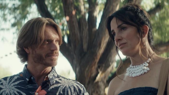 Forgiveness Girl movie: Danny James and  Melinda Yeaman stand outside talking under a tree