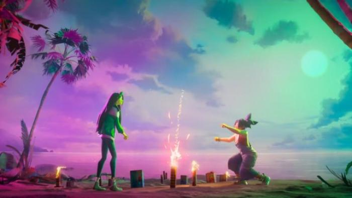 Forgotten Island movie: Jo and Raissa play with fireworks on the island at sunset