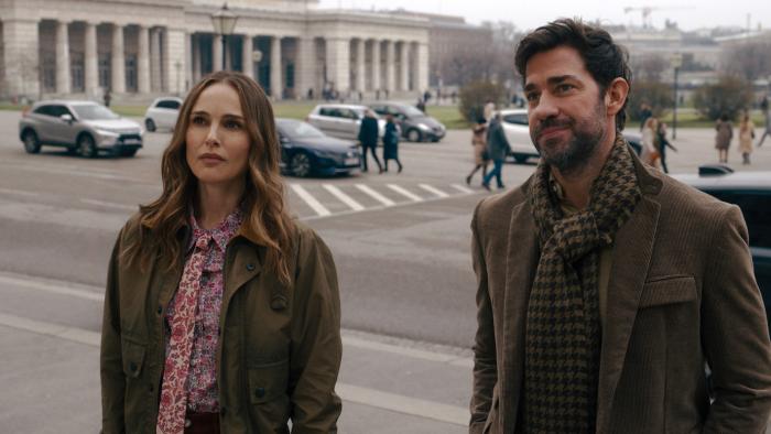 Fountain of Youth: John Krasinski and Natalie Portman on the street.