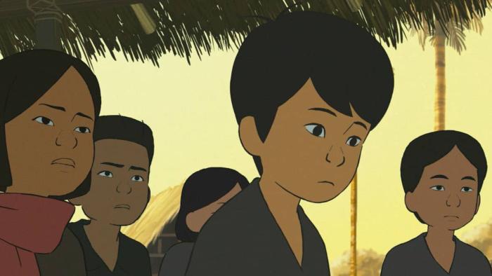 Funan Movie: A group of children stares off-camera at something distressing