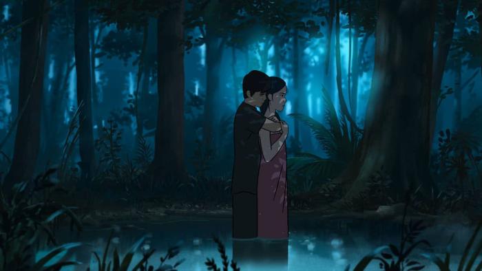 Funan Movie: A couple embraces in a dark forest