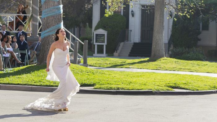 Gail Daughtry and the Celebrity Sex Pass Movie: Zoey Deutch is a bride running from her ceremony, looking toward the sky