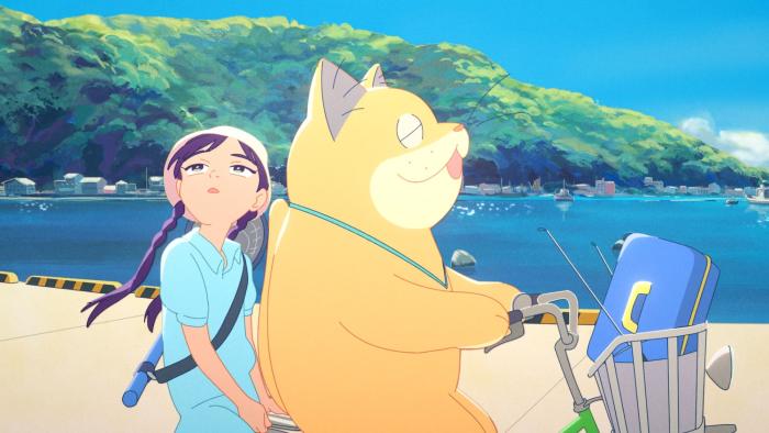 Ghost Cat Anzu movie: A tween Japanese girl in braids and bucket hat rides on the back of a moped driven by a human-sized yellow cat