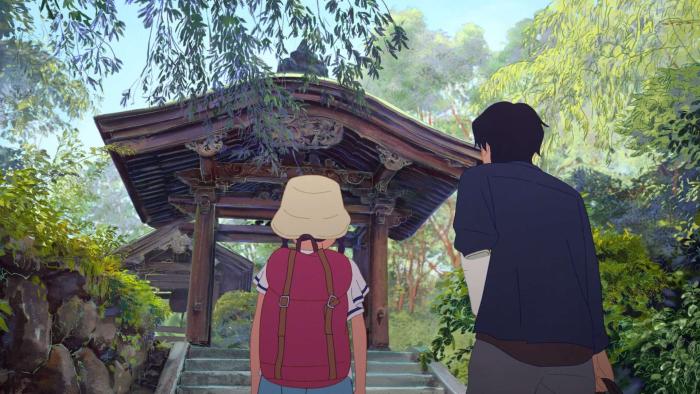 Ghost Cat Anzu movie: A man and his tween daughter are shown from the back as they enter a temple