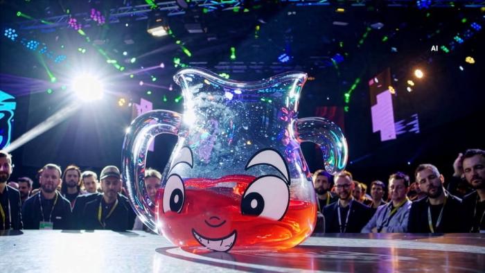Ghost in the Machine movie: AI image of a pitcher of red liquid in front of a crowd