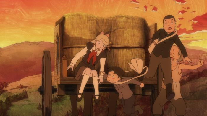 Giovannis Island movie: Three children are seen hopping off the back of a cart carrying hay bales, an old man is seen yelling at the kids telling them to get off his cart.