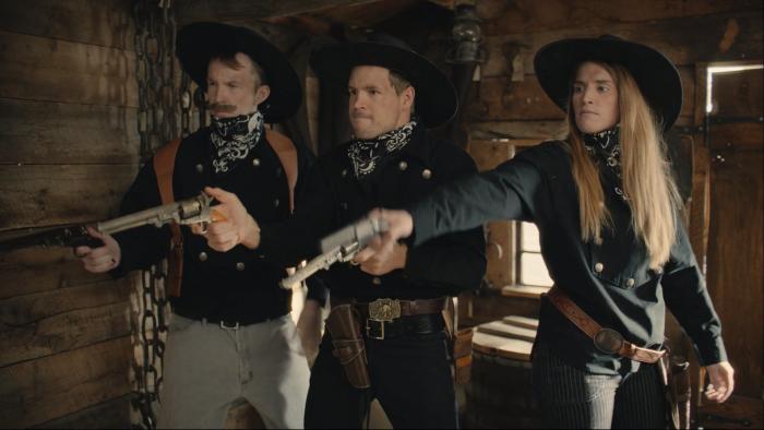 Go West Movie: Three bandits point their guns at something
