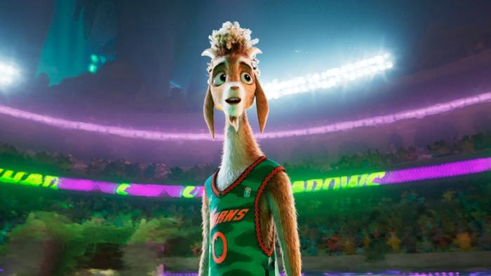 GOAT movie: Will, the goat main character, stands in a stadium