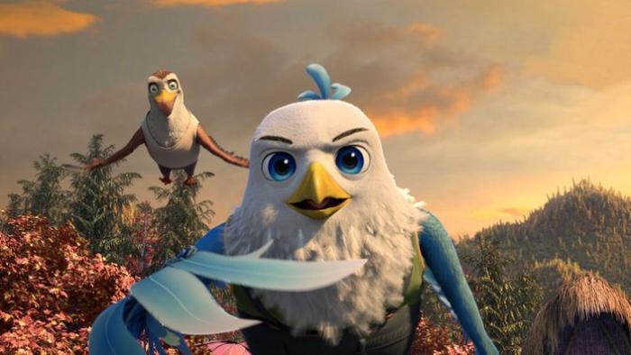 Goldbeak : an eagle has a surprised look on his face as another animated bird flies behind