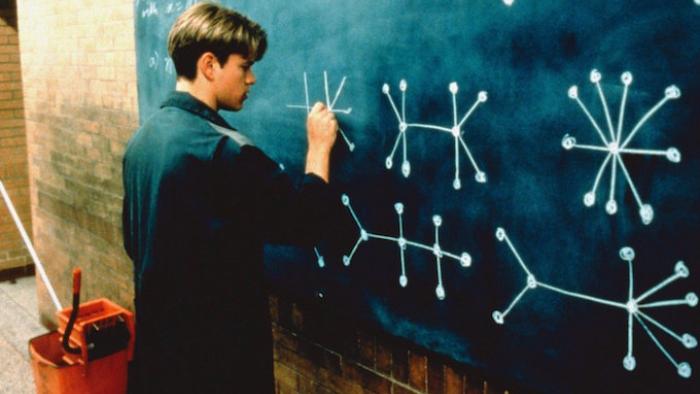 Good Will Hunting movie: Will, in a janitor's uniform, scribbles math formulas on chalkboard