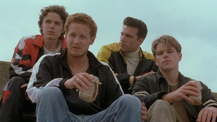 Good Will Hunting movie: Will, Chuckie, and two other friends sit outside drinking beer out of paper bags