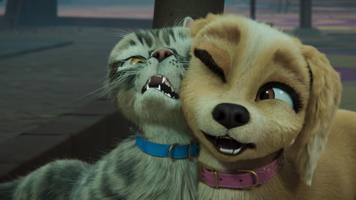 Gracie and Pedro: Pets to the Rescue: Pedro the gray tabby cat and Gracie the sandy colored dog sit with their faces squashed up against each other