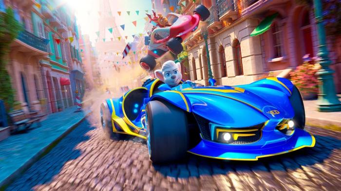 Grand Prix of Europe: Ed the mouse drives a blue car along the city streets as other animals race along behind him
