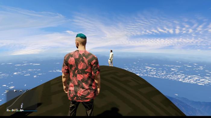 Grand Theft Hamlet: Two human male avatars stand on top of a black blimp, with blue sky and clouds unfolding around them