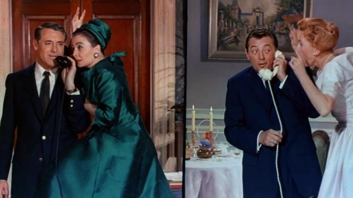 The Grass Is Greener: Cary Grant and Jean Simmons listen from one phone receiver while Robert Mitchum and Deborah Kerr listen from another