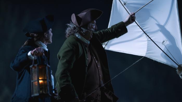 A Great Awakening Movie: George witnesses a demonstration of Ben's kite-flying experiment during a storm