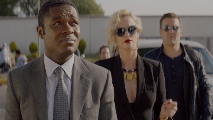 Gringo Movie: Harold, Elaine, and Richard in the parking lot