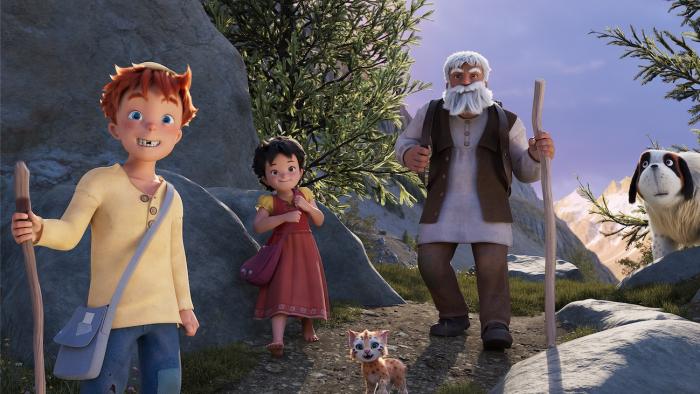 Heidi — The Rescue of the Lynx: Peter, Heidi, and Grandpa walk together on a mountain path with a dog and lynx cub alongside them
