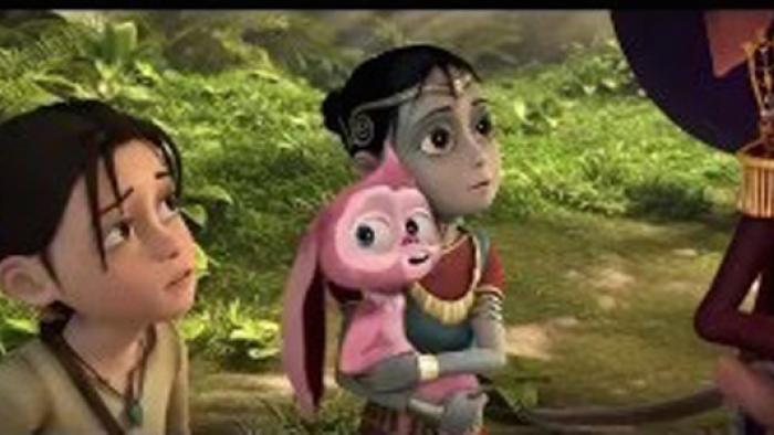 Hero Quest movie: Savva and a blue-colored girl carrying a pink creature stand outside on grass