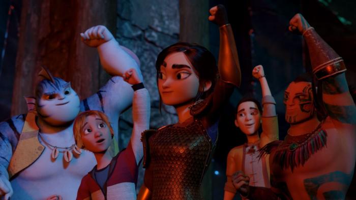 Heroes of the Golden Mask: Five characters raise their left fist in solidarity